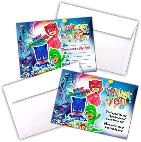 PJ MASKS INVITATIONS | 20 CARDS | BIRTHDAY PARTY INVITES | KIDS CHILD BOYS GIRLS | WITH ENVELOPES OPTION | WITH THANK YOU CARDS & ENVELOPES OPTION | A6 SIZE (105mmX148mm) | 200GSM GLOSS CARDS (With Thank You Cards & Envelopes)
