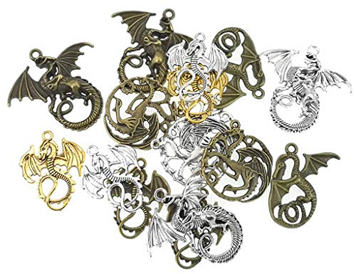 Kinteshun Flying Dragon Charm,Tarrasque Infernal Demon Fire Dragon Totem Charm Pendant Bead Connector for DIY Jewelry Making Findings(16pcs,Silver Bronze and Gold Tones)