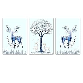 3 Panel Animal Canvas Wall Art - Watercolor Style Painting of Floral Deer and The Trees - Giclee Print Gallery Wrap Modern Home Art Ready to Hang - 16"x24" x 3 Panels