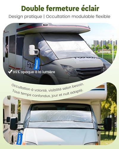 FoundGo Housse Pare‑Brise Camping‑Car, Bâche Cabine Isolée Thermiquement avec Fermetures Éclair Aluminium & Poche, Protection Thermique pour Fiat Ducato, Peugeot Boxer et Citroën Relay