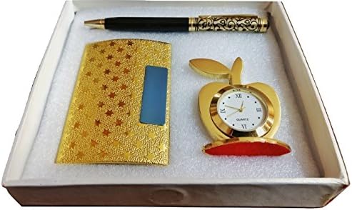 Aqeeq 3-In-1 Steel Table Watch, Pen And Business Card Holder, Gold