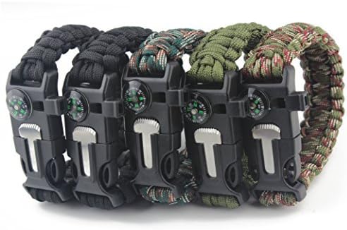 Paracord Survival Bracelet, Poonning with Flint Fire Starter Scraper, Compass Whistle for Hiking Camping Emergency,5 in 1 Climbing Kit