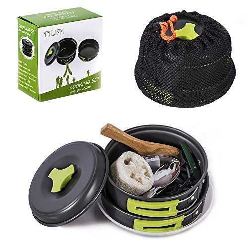 UPC 612957390280, TTLIFE Camping Cookware Mess Kit Backpacking Gear Hiking Outdoors Bug Out Bag Cooking Equipment 12 Pieces Cookset Lightweight Compact Durable Pot Pan Bowls Free Folding Spork, Nylon Bag (Green)