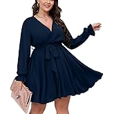 SCOMCHIC Women's Plus Size Long Sleeve Wrap V Neck Tie Waist A Line Mini Dress