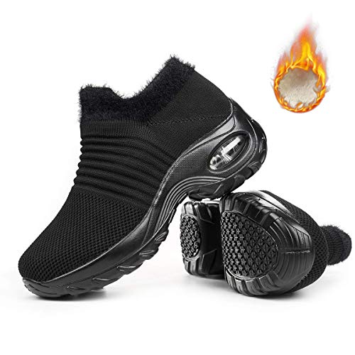 Women's Walking Shoes Snow Boots - Anti-Slip Faux Fur Outdoor Winter Snow Sneakers Slip on Nursing Shoes Winter-Black,7
