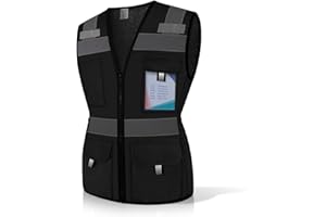 Uno Mejor Womens Safety Vest with 11 Pockets and Zipper, Snug-Fit High Visibility Reflective Vest, Neon Safety Vest for Women Contractors/Surveyors/Workers, Durable, ANSI Compliant, (U-Black, XS)