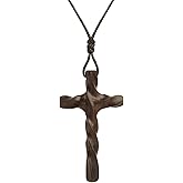 DIYFASH Men's Wooden Cross Necklace Real Handcrafted Ebony Wood Cross Pendants With Leather Necklaces Men's Black Cross Necklaces Christian Baptism Crucifix Pendant for Men (spiral pattern)