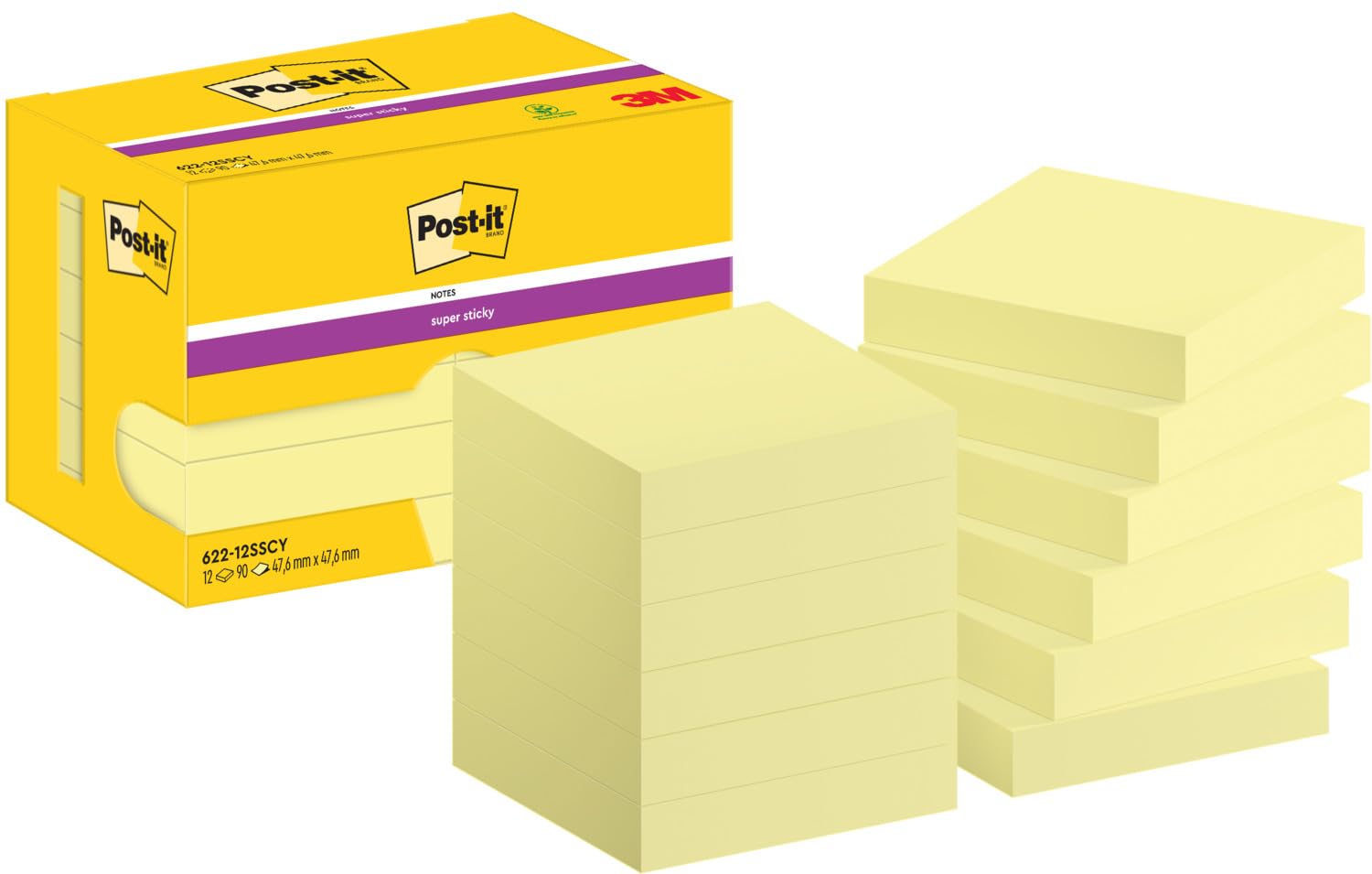 Post-it Super Sticky Notes, 1080 Sheets, Value Pack of 12 Pads, 47.6 mm x 47.6 mm - Holds Strong to Many Surfaces - Canary Yellow - for Walls, Monitors and Fridge, Recycable
