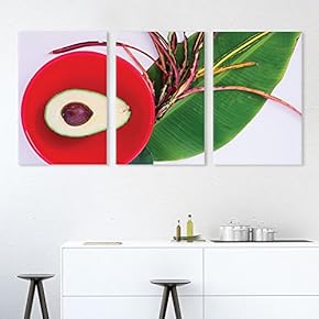 3 Panel Canvas Wall Art - Avocado and Large Tropical Leaf - Giclee Print Gallery Wrap Modern Home Art Ready to Hang - 16"x24" x 3 Panels