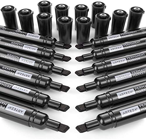 image for ARTEZA Permanent Markers Set of 36 (Black, Chisel Tip) - Waterproof Ma