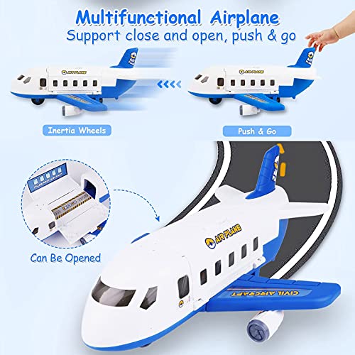 Airplane Toy，Transport Cargo Airplane Car Toy Play Set for 3+ Years Old Boys and Girls,Kids Airplane Toy with 4 Pcs Metal Fire Trucks Toy Cars (Blue)