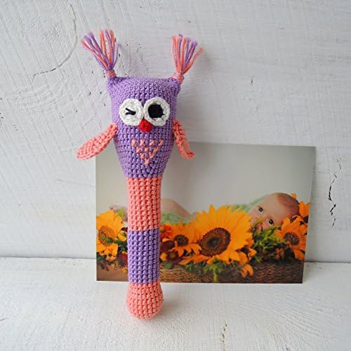 Crochet Rattle Violet Owl, Teething Toy, Cotton Yarn, Wooden Bead