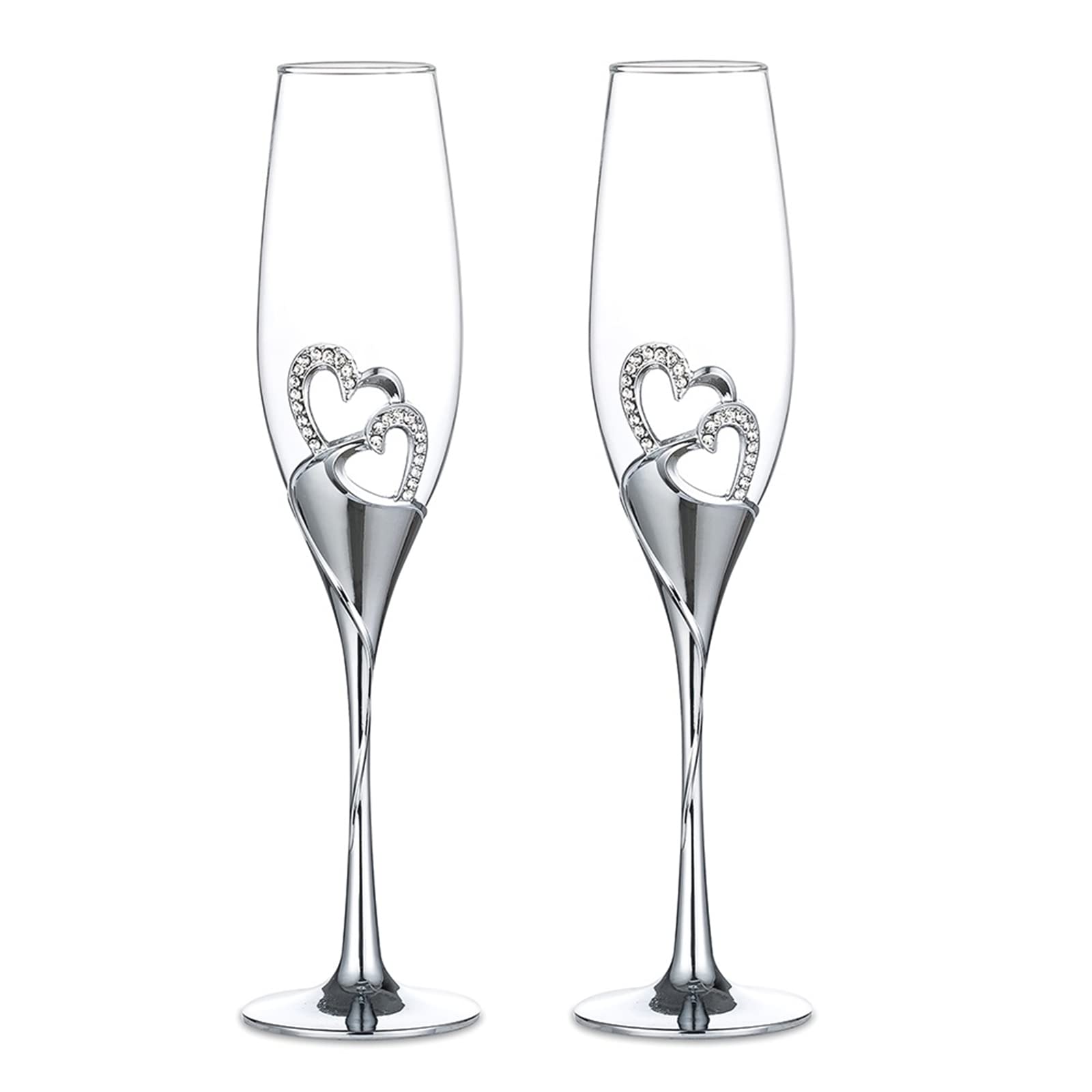 Sziqiqi 2-Piece Creative Champagne Glass Set Wedding Crystal Glasses Heart-Shaped Wedding Champagne Gift Cut Glasses, Silver