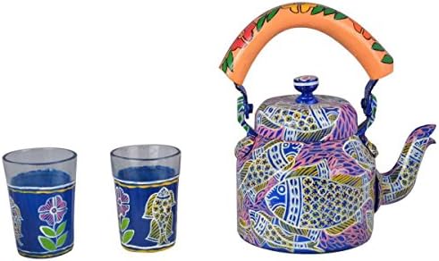 Indian Traditional Hand Painted Steel Tea Kettle Tea Pot With Two Glasses