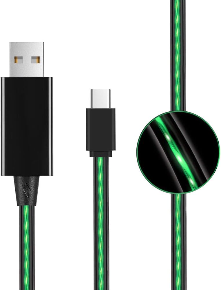 Type USB C Cable Flowing LED Sync Data Support Fast Charging Cable 3FT 0.9M For Android mobilePhones Samsung GalaxyS8,S8 Plus,LG G5 G6 Google Pixel XL,Nexus One plus USB toType-C devices (Black/Green)