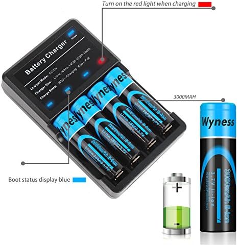 18650 3.7V 3000mAh Flat Top Lithium Rechargeable Batteries with Fast Li-ion Battery Charger, 4 PACK