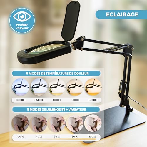 Onlyneo - 10X Magnifying Lamp on Stand, Rectangular XL Lens without Distortion, Desk Magnifying Lamp for Reading, Nailing, Diamond Painting, Crafts, DIY, 5 Colour and Brightness Modes