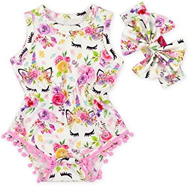 Anbaby Baby Girls Sleeveless Pom Pom Romper Various Patterns Floral Bodysuit Clothes with Headband