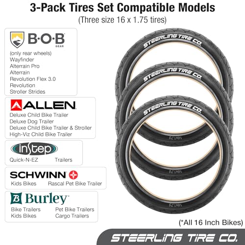 Three 16-Inch Tire Replacements for Jogging Strollers Like BOB Ironman & Bike Trailers Including Allen Sport, Burley and Instep (3-Pack) by Steerling Tire Co.