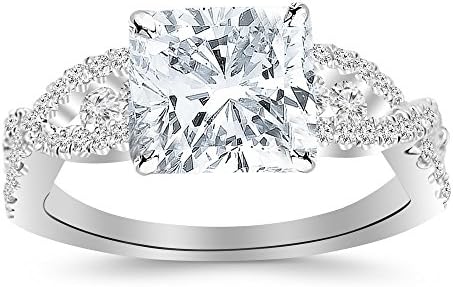 1.1 Cttw 14K White Gold Cushion Cut Designer Twisting Eternity Channel Set Four Prong Diamond Engagement Ring with a 0.5 Carat D-E Color VS1-VS2 Clarity Center
