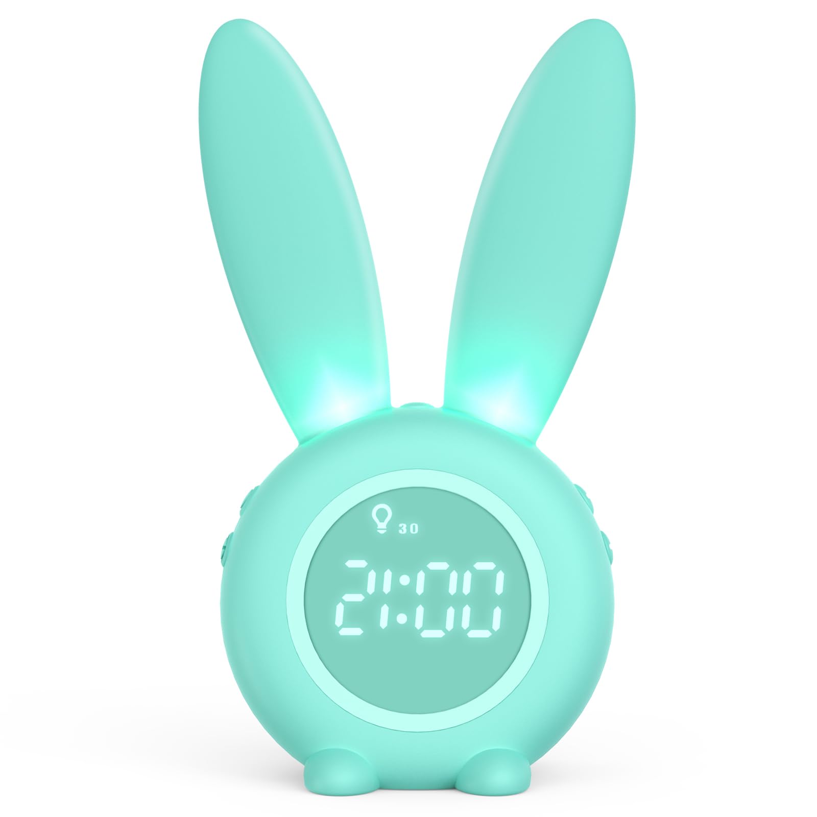 Homealexa Kids Digital Alarm Clock with Rabbit Design, LED Wake-Up Light, Green Bedside Clock for Girls and Boys