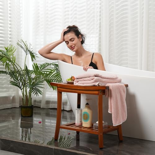 Utoplike Teak Shower Bench Seat with Handles, Bath Chair Stool for Inside | Portable Wood Spa Chair With Towel, Storage Shelf, 22" x 13" x 18.6", for Outdoor Bathroom Use