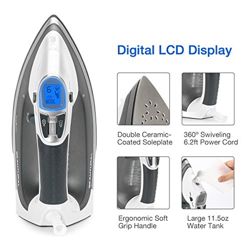 Beautural 1800 Watt Variable Temperature and Steam Iron with LCD Display, Double Ceramic Coated Soleplate, 6.2ft Power Cord and 340ML Tank-White/Grey