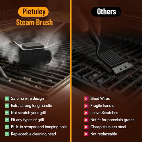 Pietuley Cepillo Barbacoa sin Cerdas con Inoxidable Raspador, Seguro Accesorios Barbacoa de Carbón Carbon BBQ Accessories, Churrasco Utensilios Barbecue Cepillo de Limpieza Gas Parrilla Oven Cleaner