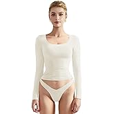 SUUKSESS Women Double Lined Fitted Basic T Shirts Scoop Neck Long Sleeve Crop Top