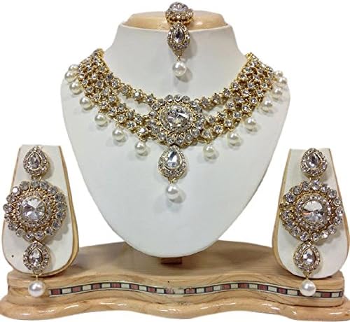 Traditional Indian Latest Designer Bollywood Style Gold Plated Ethnic White Pearls Necklace Set
