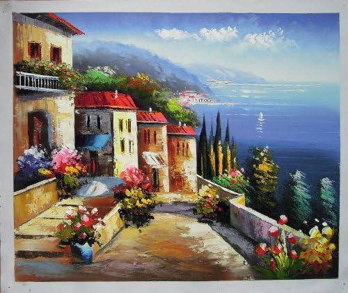 View of a Holiday - Large Fine Art oil on canvas painting - Superb quality and craftsmanship, hand made wall art