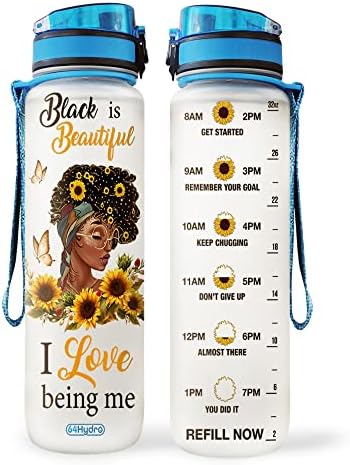 64HYDRO 32oz 1Liter Motivational Water Bottle with Time Marker, Black ...