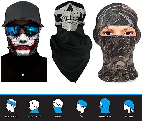 Glowing Skull Mask Joker Bandana and Camouflage Balaclava 3 piece Set Face Mask Sweat Wicking Cool and Absorbent