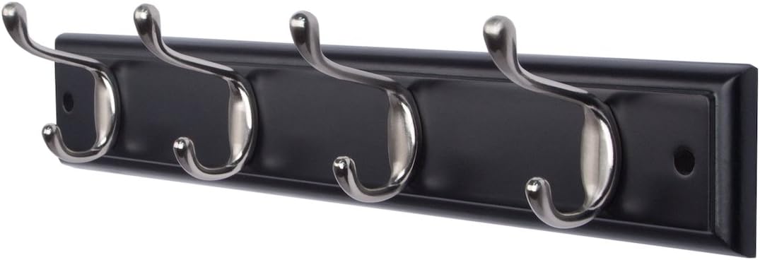 DOKEHOM 4-Satin Nickel Hooks on Black Wooden Board Wall Mounted Coat Hook Rack Hanger