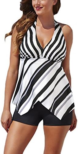 YILE SHU Women Plus Size Stripe Print Halter Tanikini Set High Waisted Swimsuit ((US 16) XXXL)
