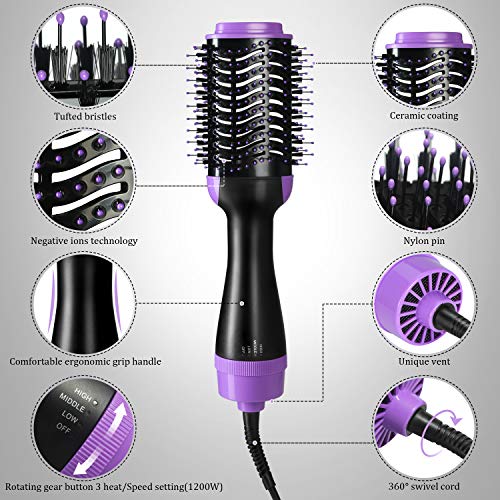 Hair Dryer Brush, ASOGO One Step Hair Dryer & Volumizer,4 In 1 Negative Ion Hot Air Brush for Drying & Straightening & Curling, Salon Ceramic Electric Rotating Blow Dryer Brush(Purple 110V US outlet)