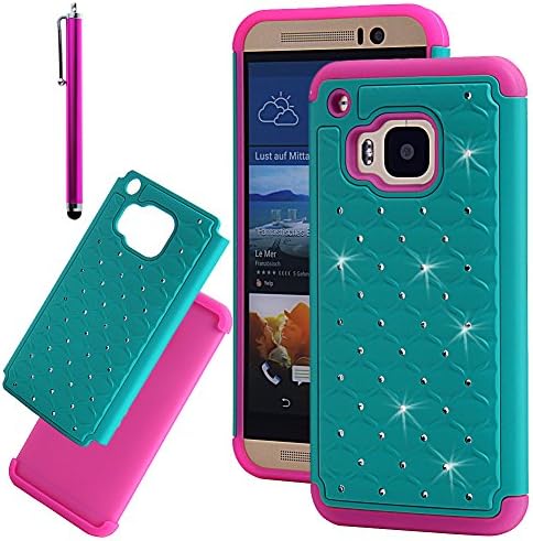 HTC One M9 Case MLOVE Heavy Duty Shock Absorbing Hybrid Studded Rhinestone Bling Protection Armor Case Cover for HTC One M9 (Teal and Rose)