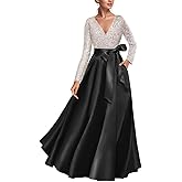 Caodip Womens Sequin Long Sleeve Evening Gown Satin Prom Dress Elegant A Line Wedding Guest Dress with Pocket