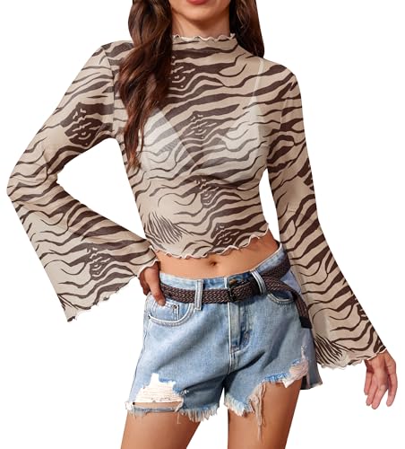 Women's Halloween 70s Mock Neck Bell Sleeve Hippie Shirt Trendy Vintage Crop Top Zebra Print L at Amazon