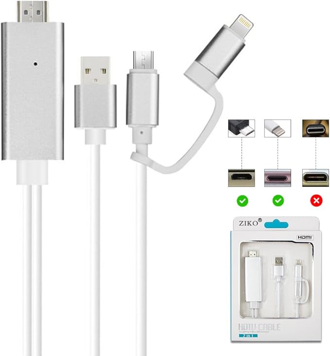 Adaptador HDMI para iPhone/Android, ZIKO 2 m/6.5ft 3 en 1 ...