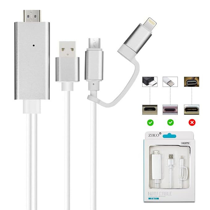 Adaptador HDMI para iPhone/Android, ZIKO 2 m/6.5ft 3 en 1 ...