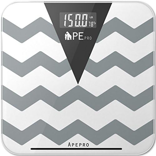 Bathroom Scale, ApePro Chevron Gray Precision Digital Tempered Glass body weight scale w/ 3.5" Extra Large Dual Color Backlight Display Thermometer and Smart Step-on Technology, 400lb/180Kg