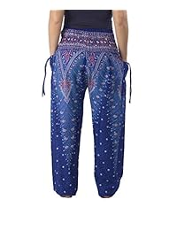 Lannaclothesdesign pantalones de arem hippie bohemios con estampado de pavo real en la cintura y cintura ahumada para dama