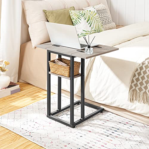 HOOBRO C-Shaped Side Table for Living Room, C Shaped Sofa End Table with Storage Shelf, Slim Couch Snack Table for Small Spaces, Foldable Tabletop, Easy Assembly, Greige and Black EBG29SF01
