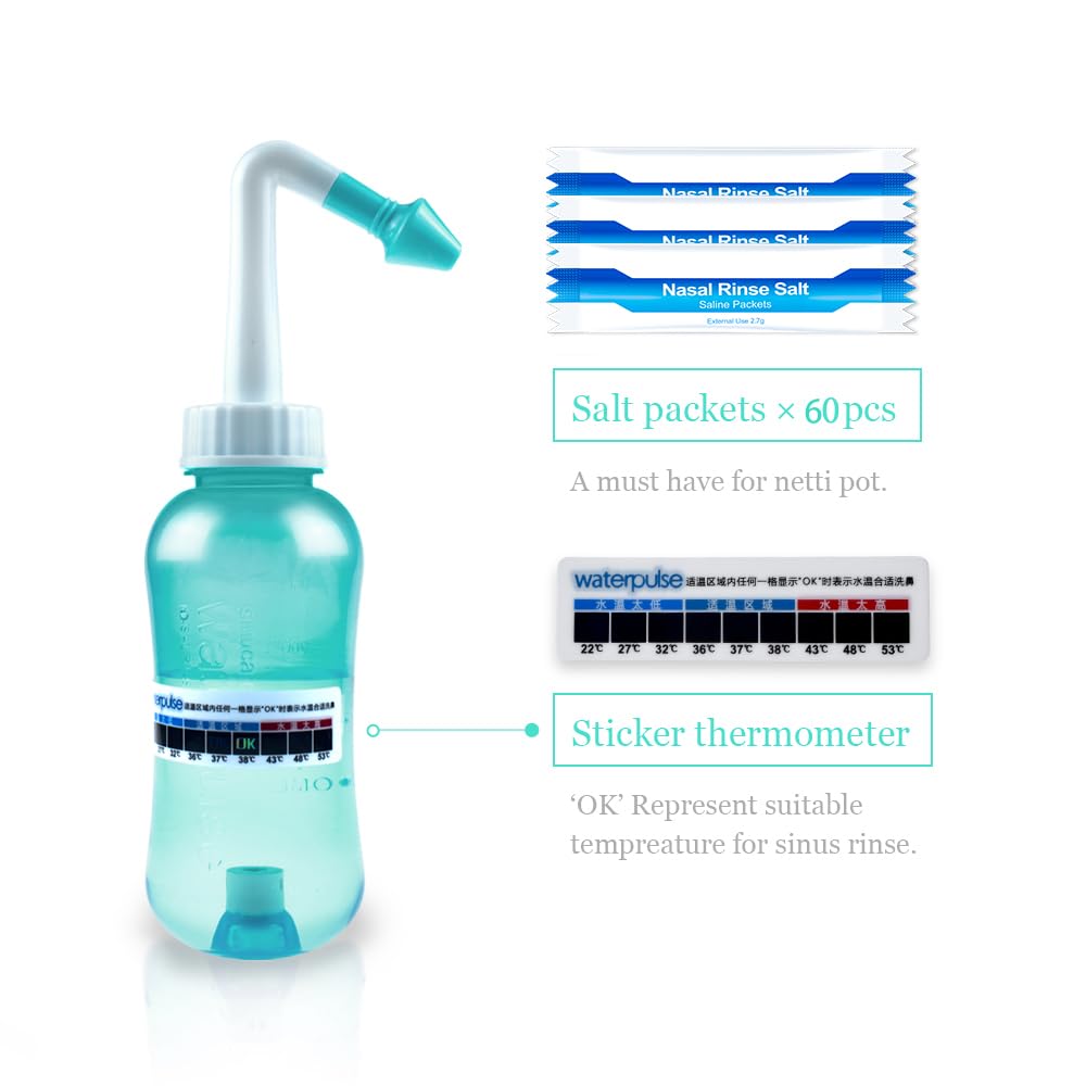 Waterpulse Neti Pot Sinus Rinsing, Nasal Wash Bottle Sinus Rinsing Bottle Cleaner Pressure Irrigation Neti-Pot with Sticker Thermometer for Adult & Kid BPA Free (Green)