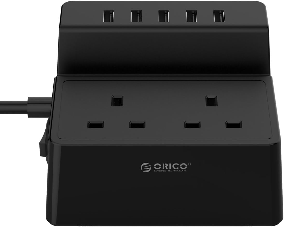 ORICO Charging Station 5 USB Ports (25W/5A) and 2 UK Mains Socket Extension Lead Surge Protected for Smart Phones, Tablets, TVs, and Home Appliances - 1.5m