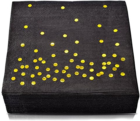 TROLIR Cocktail Napkins, Black with Gold Dots, 3-ply, Pack of 50 Disposable Paper Napkins Stamped with Sparkly Gold Foil Polka Dots, Ideal for Wedding, Party, Birthday, Dinner, Lunch, Cocktail
