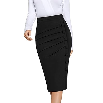 VFSHOW Womens Pleated Buttons High Waist Wear to Work Office Pencil Skirt