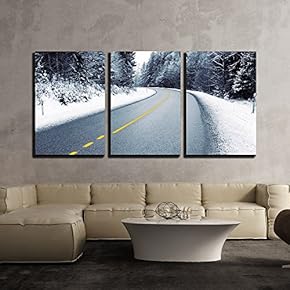 3 Piece Canvas Wall Art - Empty Country Road in Snowy Forest in Winter - Modern Home Art Stretched and Framed Ready to Hang - 16"x24"x3 Panels