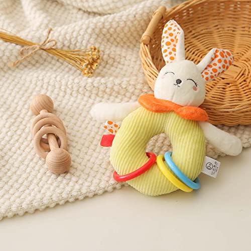 Wooden Baby Rattles with Plush Soft Bunny Rattles Set, Newborn Plush